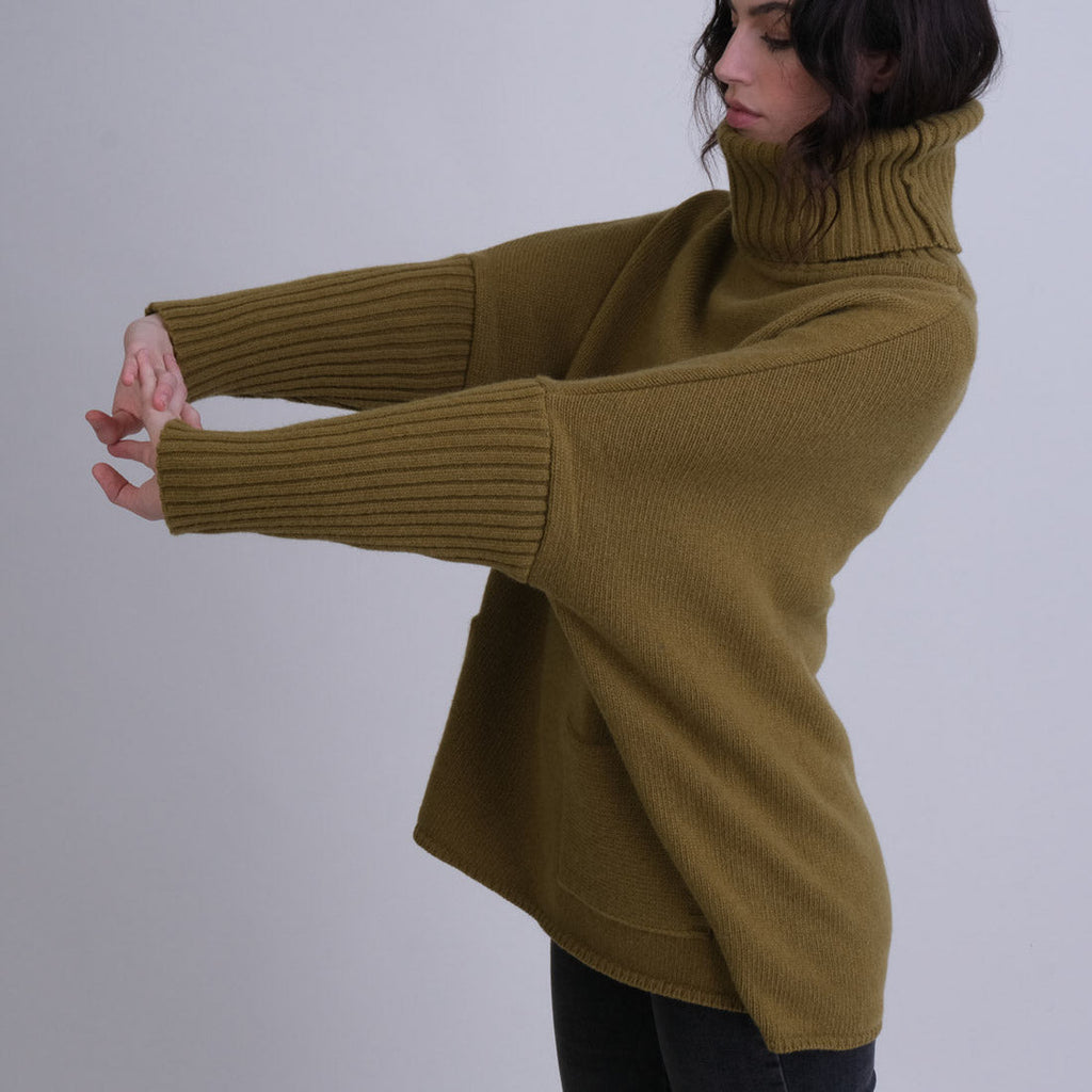 Adela Batwing Wool Jumper With Cowl Neck- Moss Green | by BIBICO