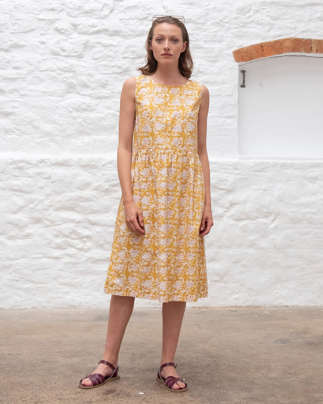 Elaine Sleeveless Yellow Print Day Dress | By BIBICO