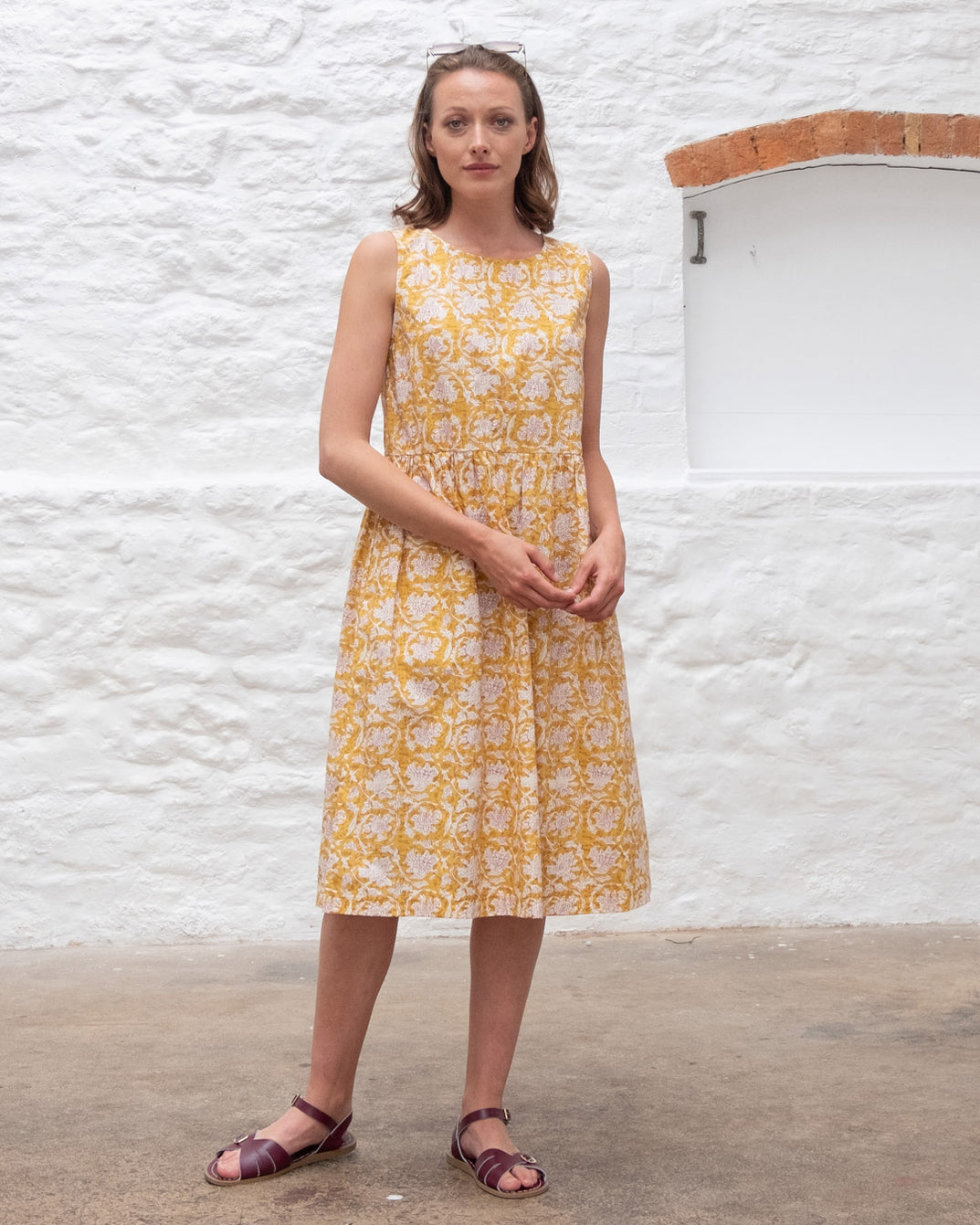 Elaine Sleeveless Yellow Print Day Dress | By BIBICO