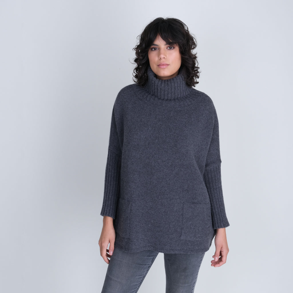 Adela Batwing Wool Jumper With Cowl Neck - Grey | by BIBICO